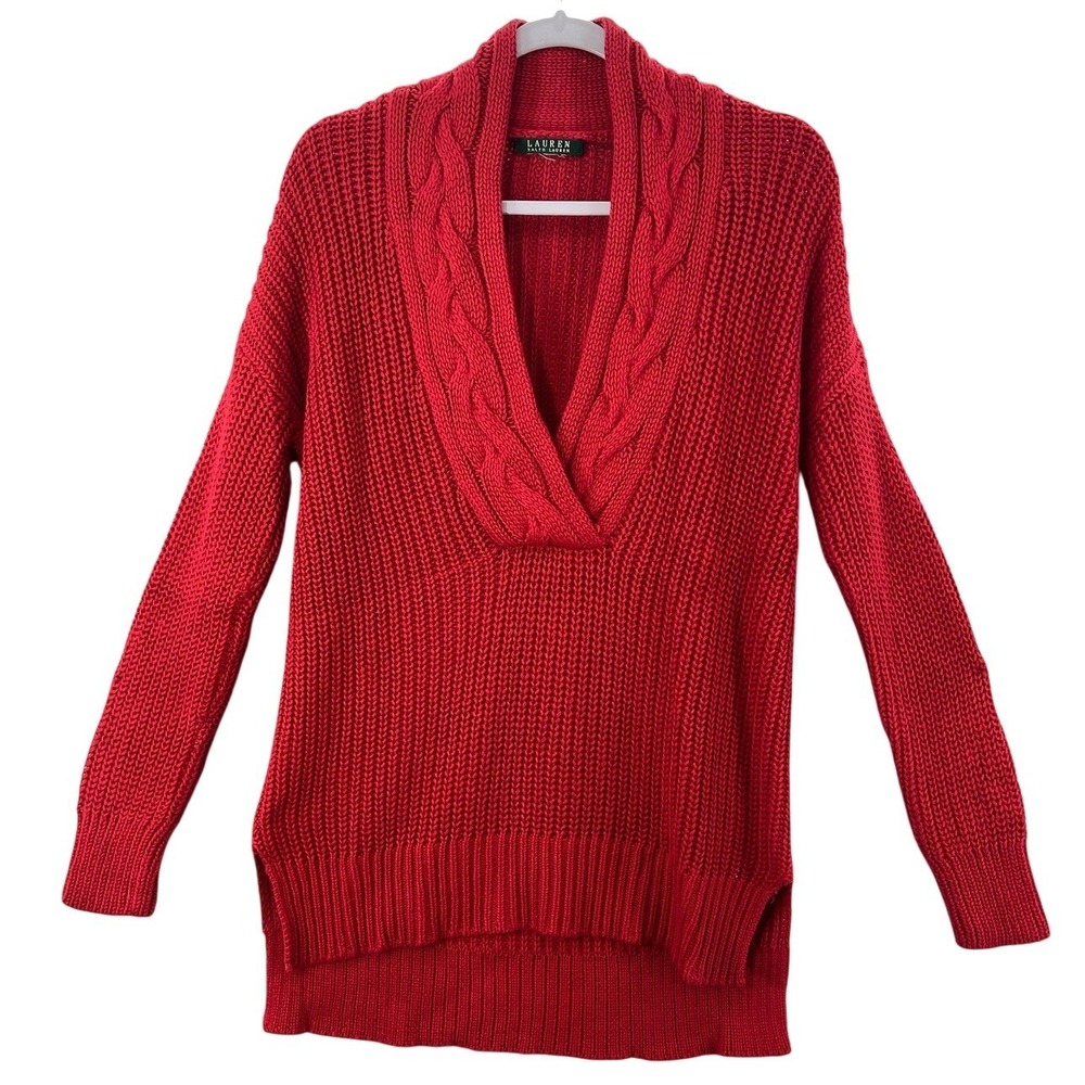 Lauren Ralph Lauren Sweater Womens Small Red Shawl Collar Cable Knit Cotton